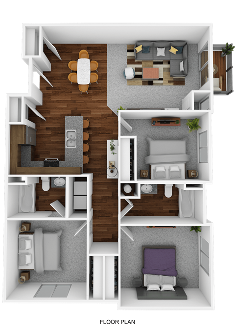 Floor plan for 3 beds, 2 baths, 1280 sqft